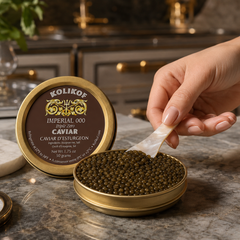 Kolikon Imperial Caviar with a hand scooping caviar from a container on a marble surface.